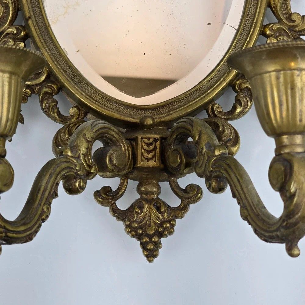 Vintage Brass Rococo Shield Mirror Wall Sconce Ornate Hollywood Regency Gilt